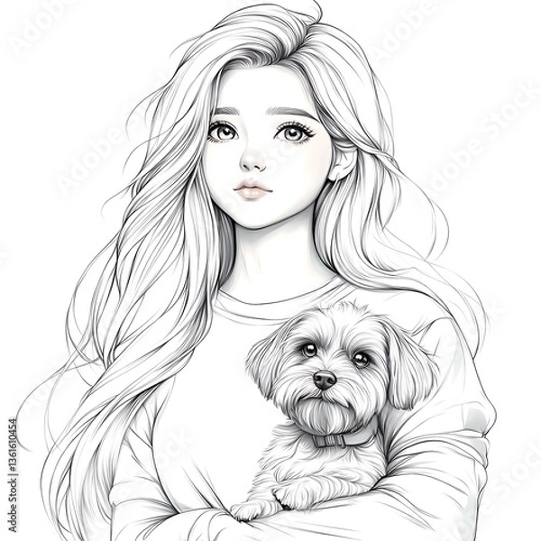Fototapeta Girl with Dog, Portrait Art