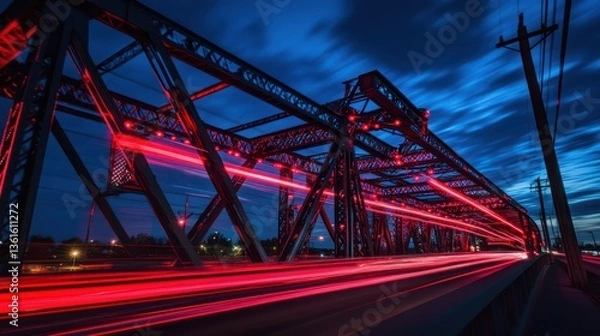 Fototapeta Night Bridge Traffic Trails, Steel Structure, Cityscapes, Twilight