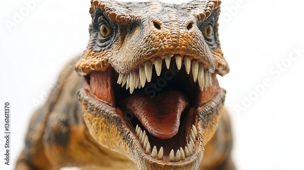 Fototapeta Closeup of a T-Rex figurine with sharp teeth and textured skin, isolated on white, showcasing primal power and intricate detail.