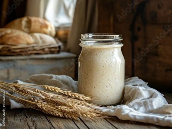 Fototapeta Rustic sourdough starter with wheat and bread
