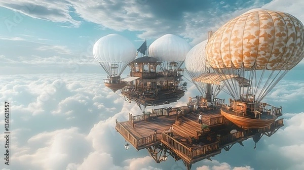 Fototapeta A floating marketplace above clouds with airships docking at wooden platforms and patterned fabric awnings, offering a whimsical, adventurous scene perfect for travel and fantasy enthusiasts.