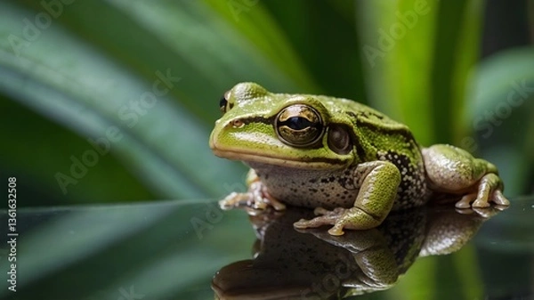 Fototapeta Cuban Tree Frog on a Glass Window, Framed by Soft Reflections of the Tropical Jungle