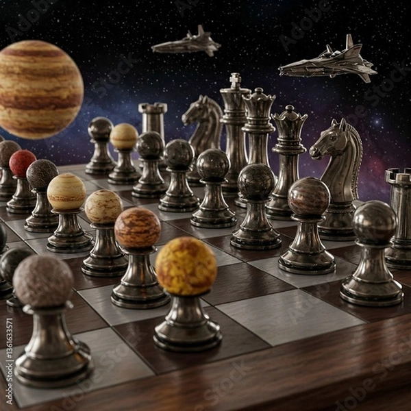Fototapeta Chess pieces on a board with a space theme background, featuring planets and spaceships.