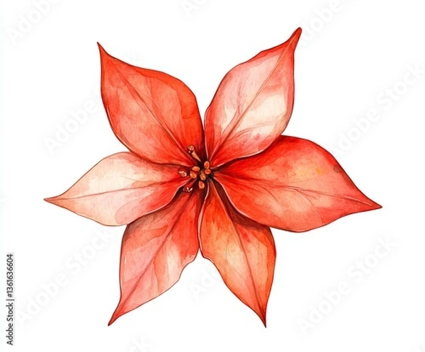 Fototapeta Red Poinsettia: Watercolor Christmas Star on Isolated White Background