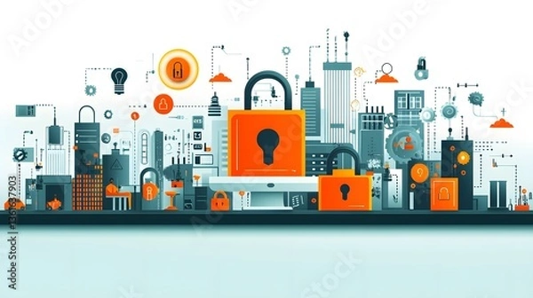 Obraz Modern Flat Vector Graphic Depicting Intellectual Property Protection Through Hand-Drawn Conceptual Operation and Security Symbols