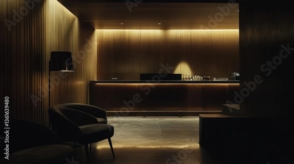Fototapeta Dark wood bar, lounge chairs, interior, night, hospitality