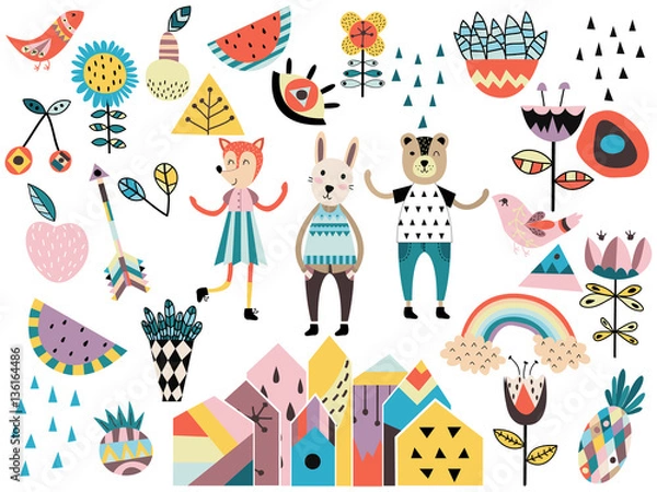 Fototapeta Set of cute scandinavian style elements and animals.
