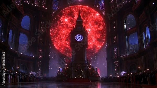Fototapeta Clock tower under giant red moon in grand hall.