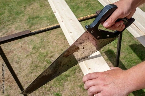 Obraz A saw in a man's hand saws a board.