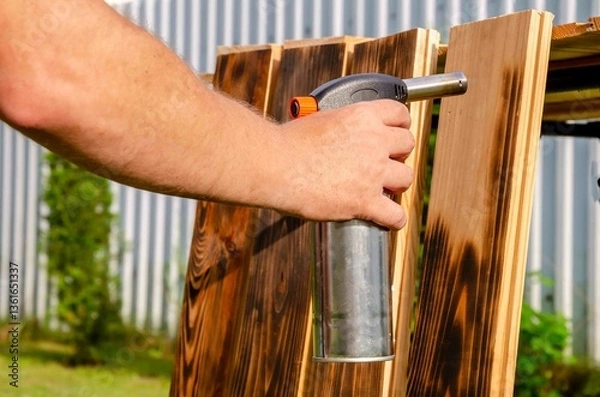 Obraz Treating wooden planks with fire from a gas.