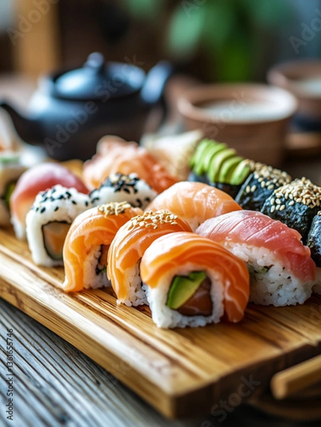 Fototapeta Close-up of assorted sushi rolls with salmon, tuna, and avocado on a wooden serving board. Concept of traditional Japanese cuisine, culinary art, and cultural dining experience.