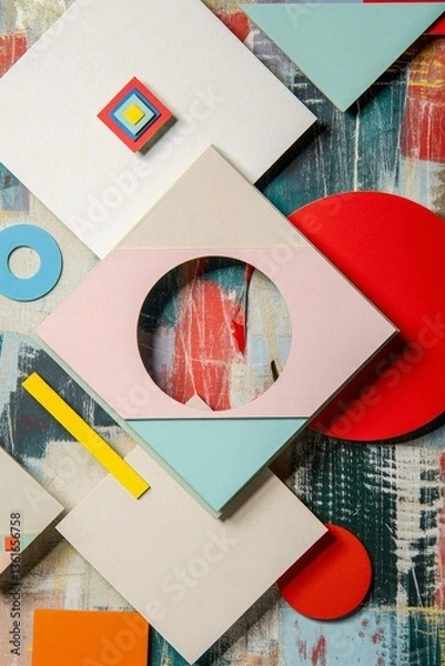 Fototapeta Minimalist print style collage poster, Abstract grunge backdrop, Retro futuristic graphic design style.