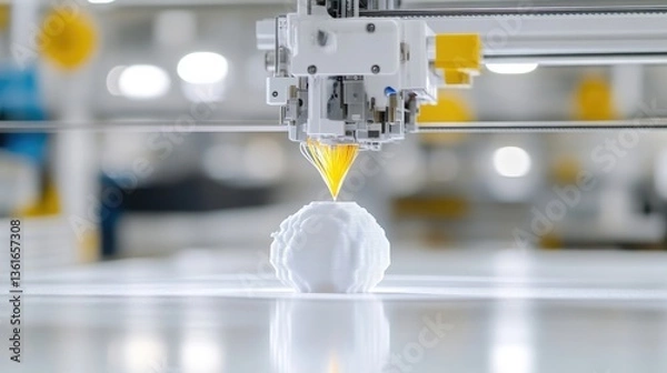 Obraz 3D printer in action, producing a white object.  Close-up view of the nozzle extruding plastic