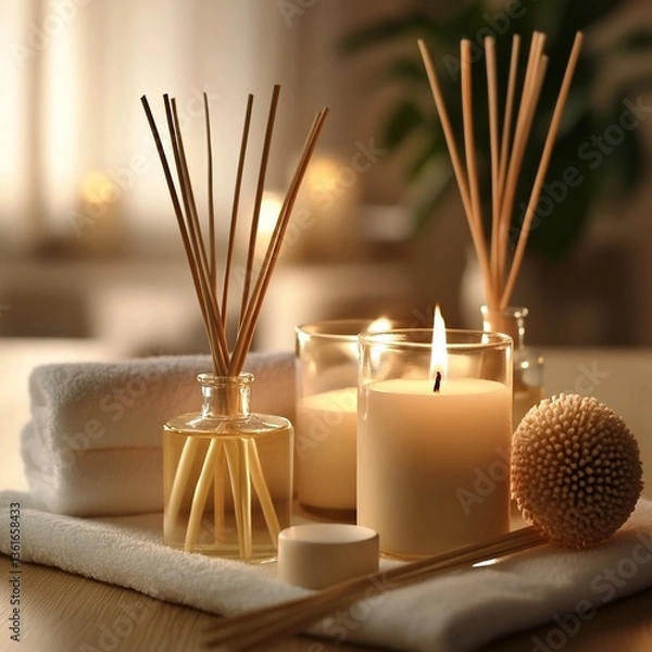 Fototapeta Scented home decor, candles, diffusers on table, soft lighting