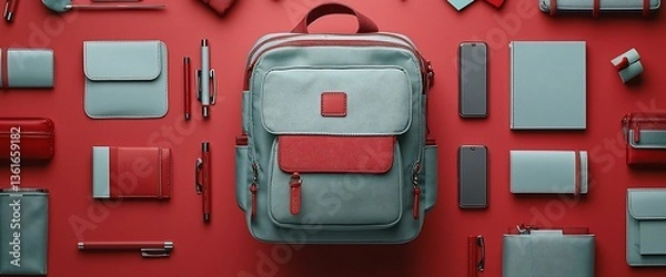 Obraz School Supplies Backpack on Red Background