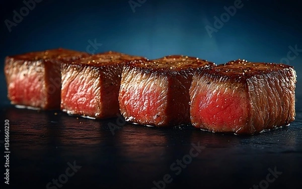 Obraz Seared Beef Cubes on Dark Stone Plate