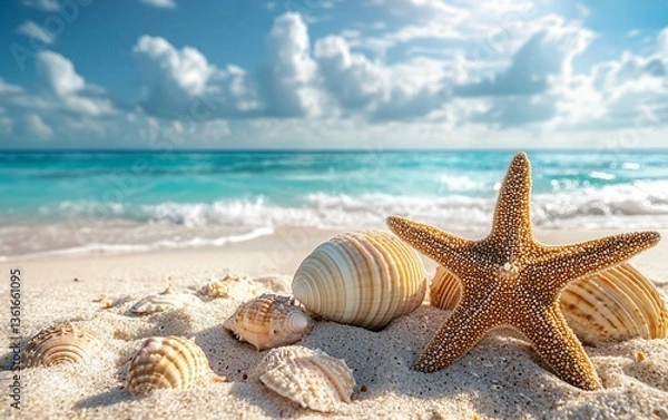 Obraz Seashells and Starfish on Sandy Beach