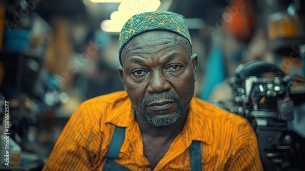 Fototapeta Serious African Man in a Busy Workshop