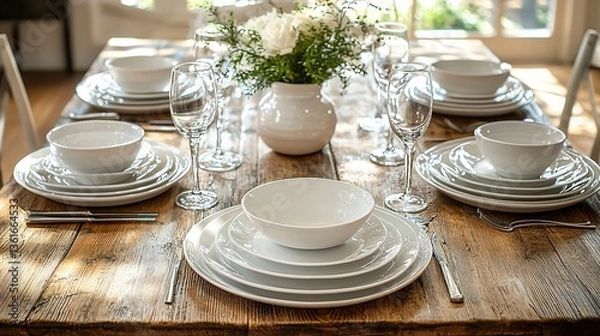 Fototapeta Set Table with White Dishes, Wooden Table, Flowers, Sunlight