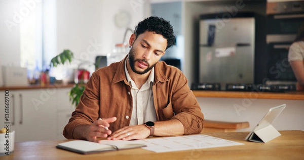 Fototapeta Man, notebook and calendar planning in home with tablet agenda, meeting deadline and time management. Remote work, entrepreneur and schedule for tasks reminder, appointment date and notes planner.