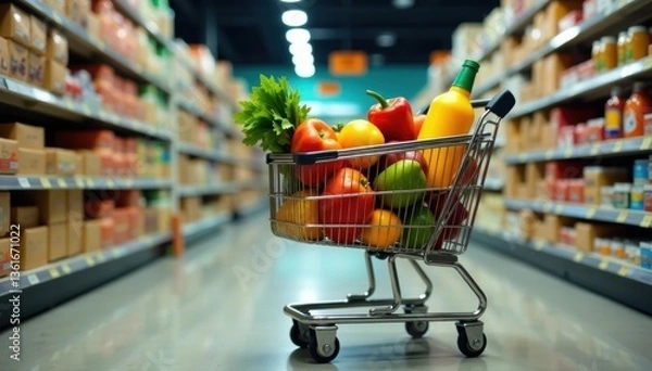 Fototapeta Full shopping cart overflowing with groceries, bottles, basket, local