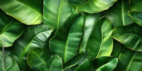 Fototapeta Lush green leaves create a vibrant natural backdrop in a tropical setting during daylight hours
