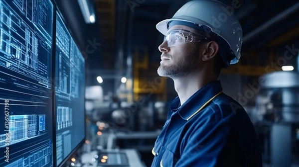 Obraz Engineer analyzing complex data on screens in modern industrial facility