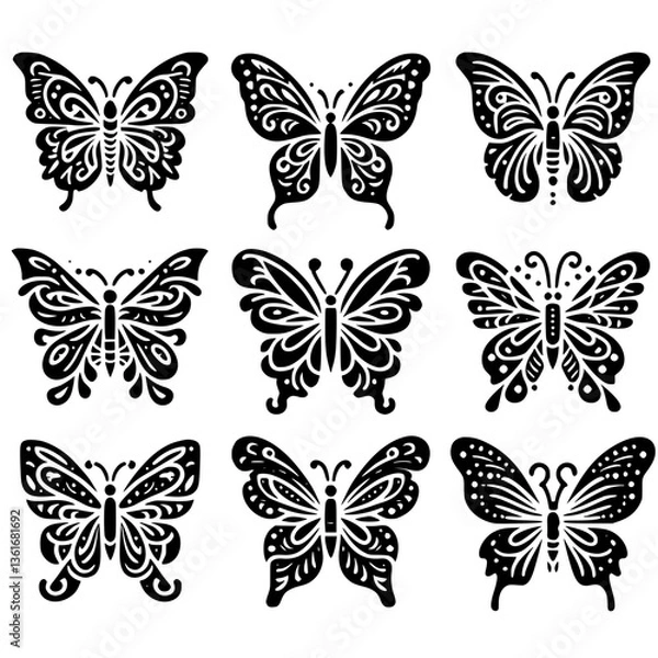 Obraz series of nine butterfly silhouettes in black and white
