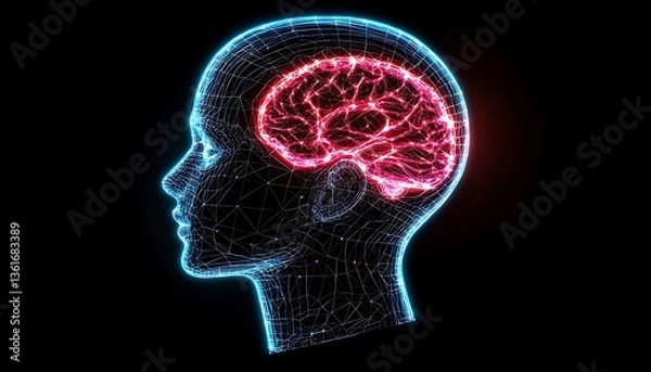 Fototapeta Glowing Brain with Female Profile, and Neural Network.