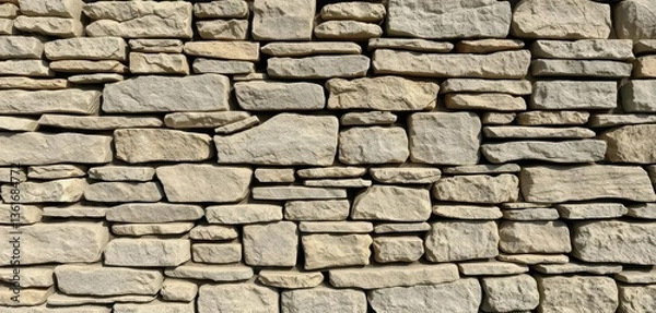 Fototapeta Rustic stacked stone wall, varying shades of grey and brown, rough texture, stone wall, stacked stone, aged