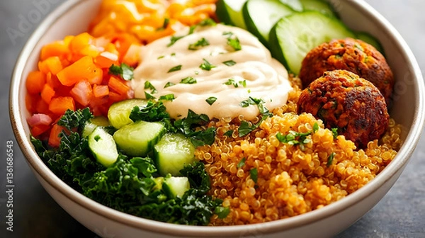 Fototapeta Healthy quinoa bowl with falafel, vegetables, and tahini dressing