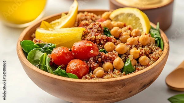 Fototapeta Healthy quinoa chickpea bowl with lemon & spinach
