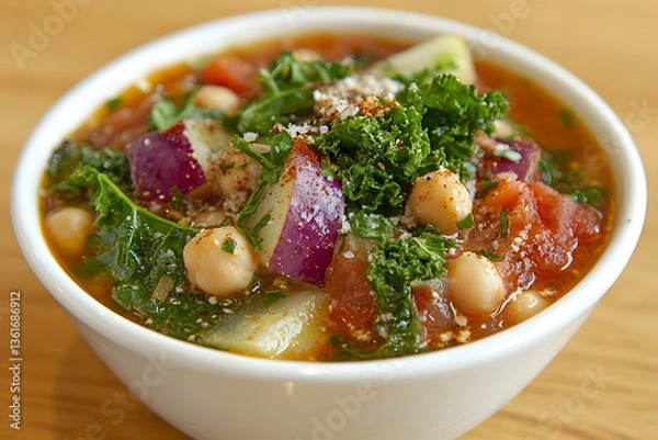 Fototapeta Hearty chickpea stew, vegetables, wood table. Food photography for recipe blogs