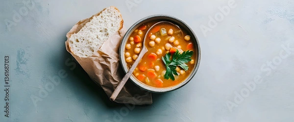 Obraz Hearty chickpea soup, bread, overhead view. Food blog, recipe