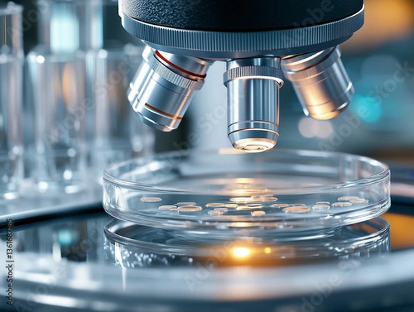 Fototapeta Close up of a microscope scanning compounds on a petri dish in a laboratory