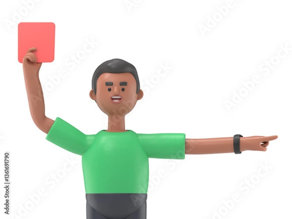 Obraz 3D illustration of handsome afro man David Referee showing red card and pointing with his index finger.Supports PNG files with transparent backgrounds.