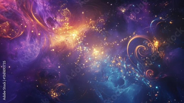 Obraz スピリチュアル空間幻想的なパープルとゴールドの宇宙星雲月夜ファンタジー