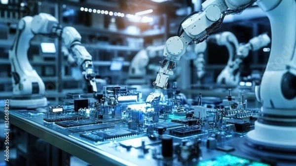 Fototapeta Automated precision: robotic arms assembling complex electronic components with precision