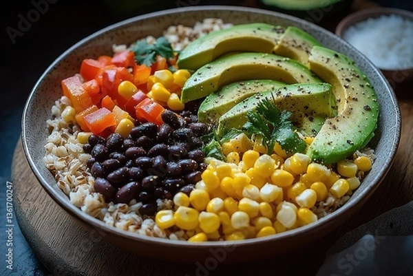 Fototapeta A vibrant and appetizing grain bowl featuring avocado, black beans, corn, and red bell pepper, atop a bed of barley, a healthy and colorful meal option.
