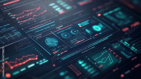 Fototapeta Futuristic digital dashboard with data analytics, charts, and graphs in high tech interface design