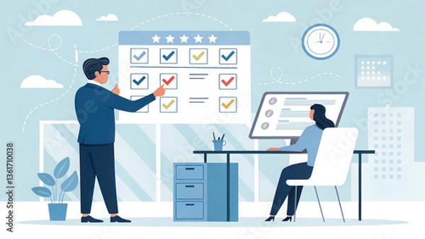 Fototapeta "A corporate HR professional selecting a check mark on a digital hiring platform, emphasizing employee verification, online surveys, and recruitment efficiency."