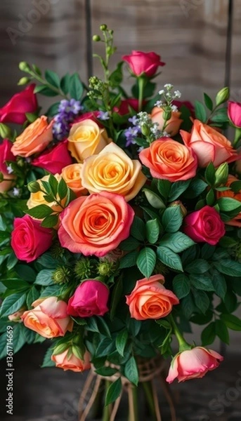 Obraz Rustic bouquet overflowing with vibrant roses and lush greenery, flowers, vibrant, rustic