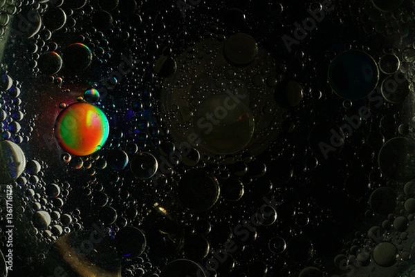 Fototapeta Dark Abstract Macro Bubbles with Light Reflection. Close-up macro shot of black liquid bubbles with a mesmerizing light reflection. Perfect for science, technology, and abstract backgrounds.