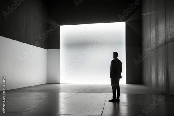Fototapeta Man standing in minimalist space with bright light