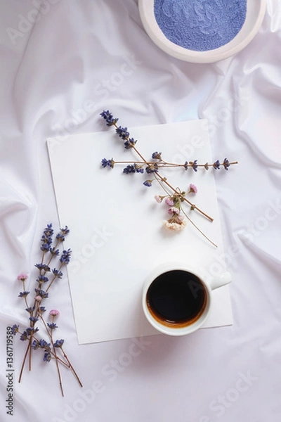 Fototapeta A white sheet of paper, a cup of black coffee, and dried flowers arranged on a smooth fabric background. A bowl of lavender powder is placed in the corner, create the perfect space for relaxation.
