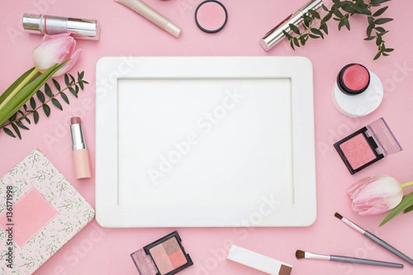 Obraz Cosmetic pink frame with flowers. Top view. Flat Lay