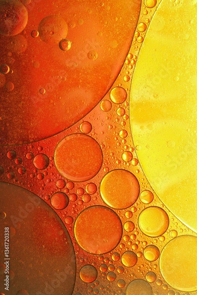Fototapeta Abstract Macro of Oil and Water Bubbles in Warm Tones. Vibrant abstract macro photography of oil and water bubbles in warm orange and yellow tones. Perfect for backgrounds, textures