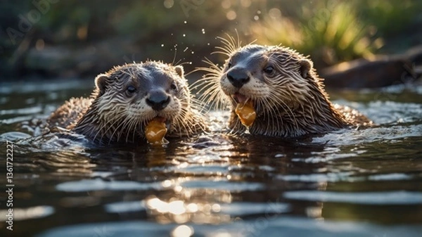 Fototapeta Two otters swimming in water, enjoying snacks while creating splashes.