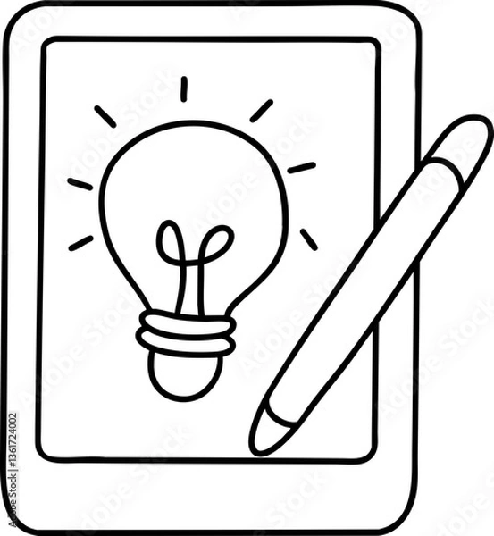 Fototapeta A digital tablet showcasing a light bulb illustration, symbolizing creativity and ideas, accompanied by a stylus for drawing or writing.