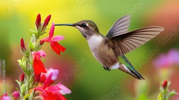 Fototapeta Lobelia Cardinalis. Avian Beauty: Ruby-throated Hummingbird in Flight Feeding on Cardinal Flower in Backyard